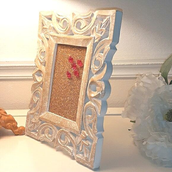 Carved White Wood Picture Frame Desk Mini Bulletin Board Push Pins Office Home - Picture 3 of 8